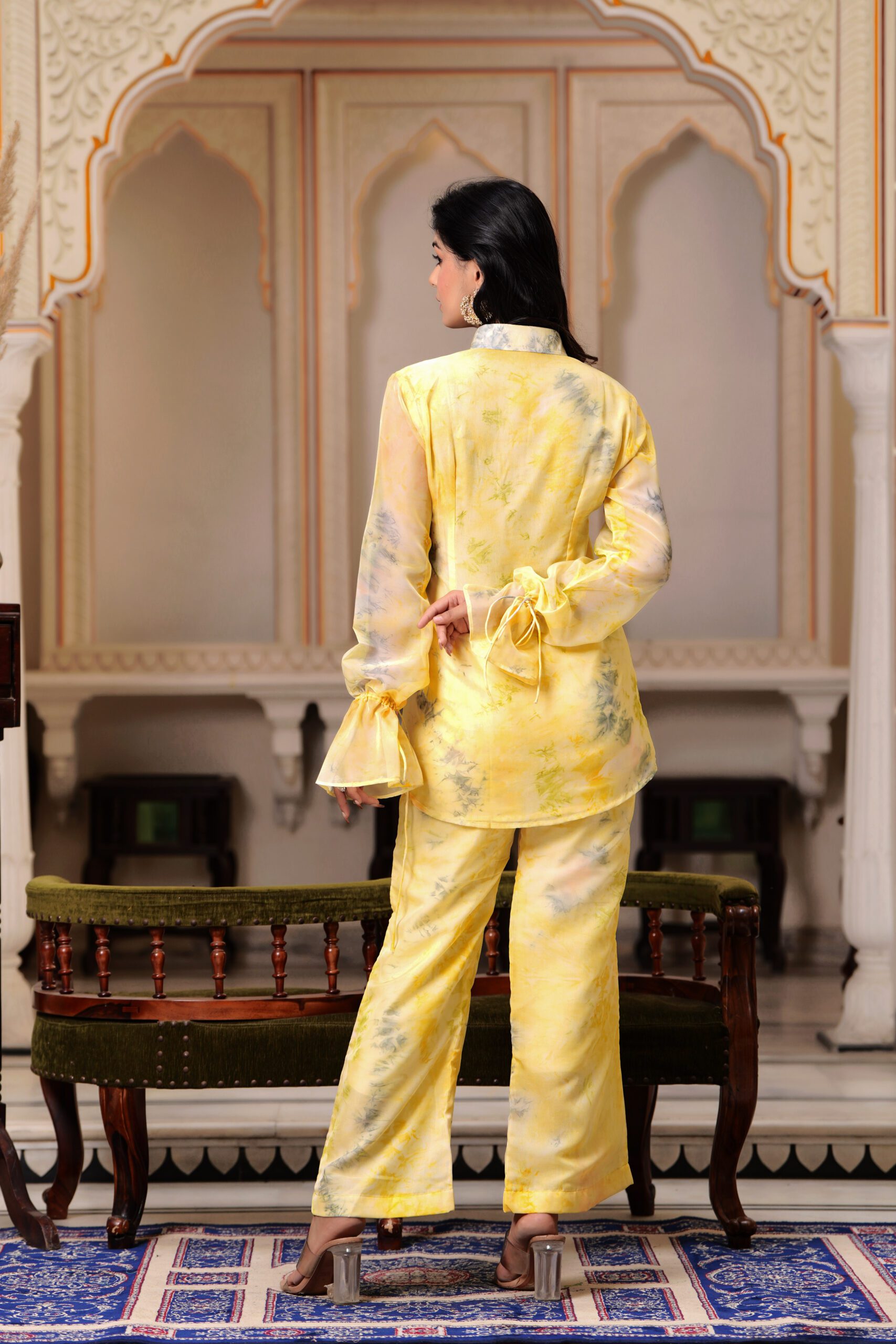 Yellow Organza Co-ord Set with Eye Handwork and Full Sleeves - Image 6