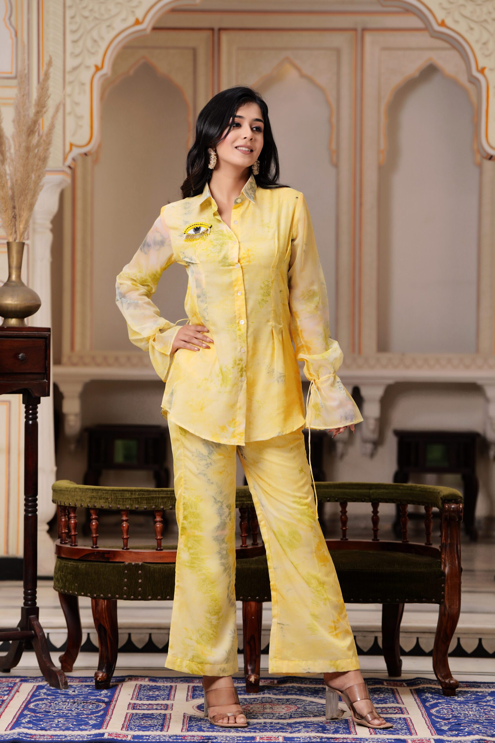 Yellow Organza Co-ord Set with Eye Handwork and Full Sleeves - Image 2