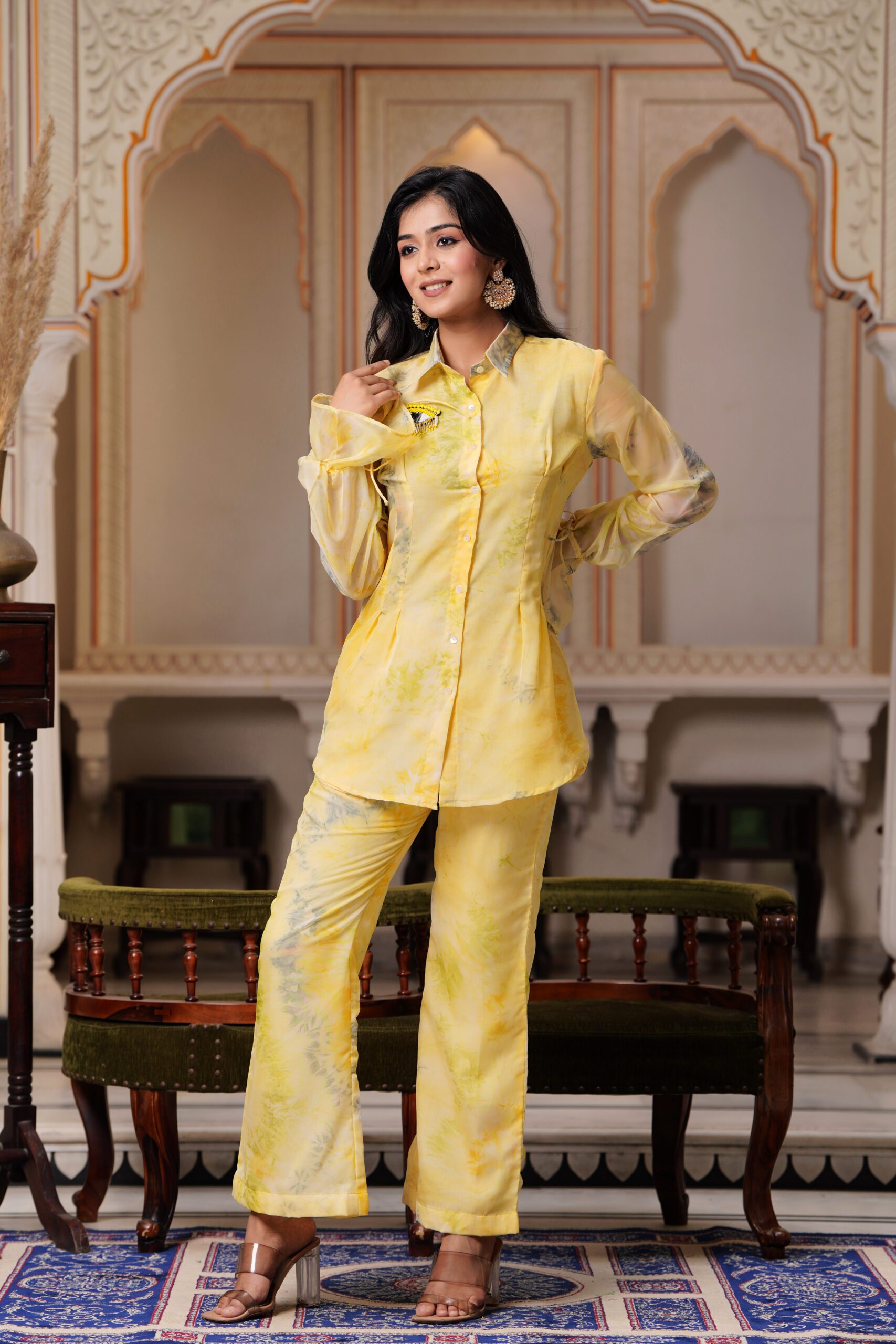 Yellow Organza Co-ord Set with Eye Handwork and Full Sleeves - Image 3