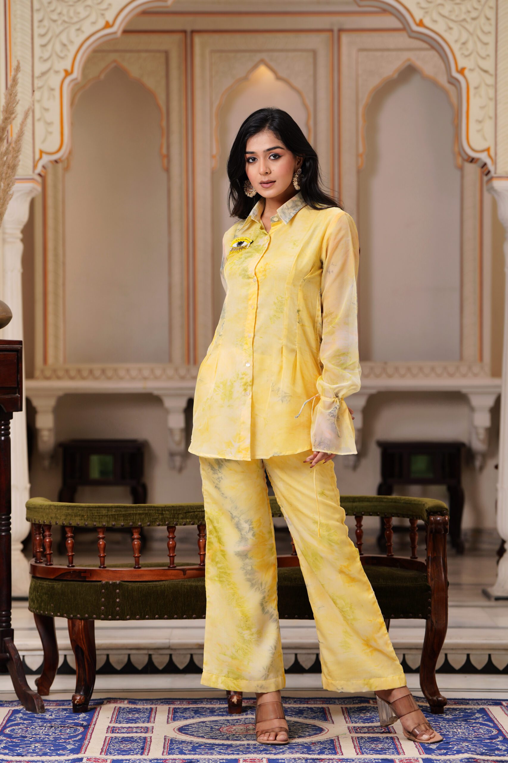 Yellow Organza Co-ord Set with Eye Handwork and Full Sleeves - Image 7