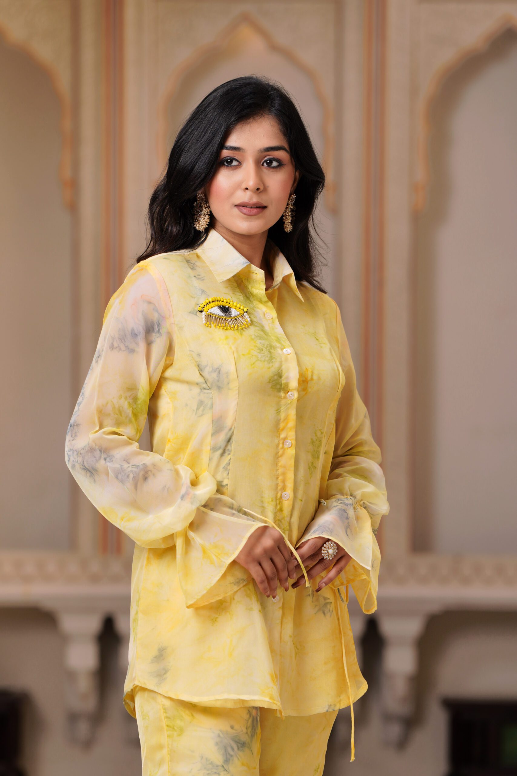 Yellow Organza Co-ord Set with Eye Handwork and Full Sleeves - Image 4