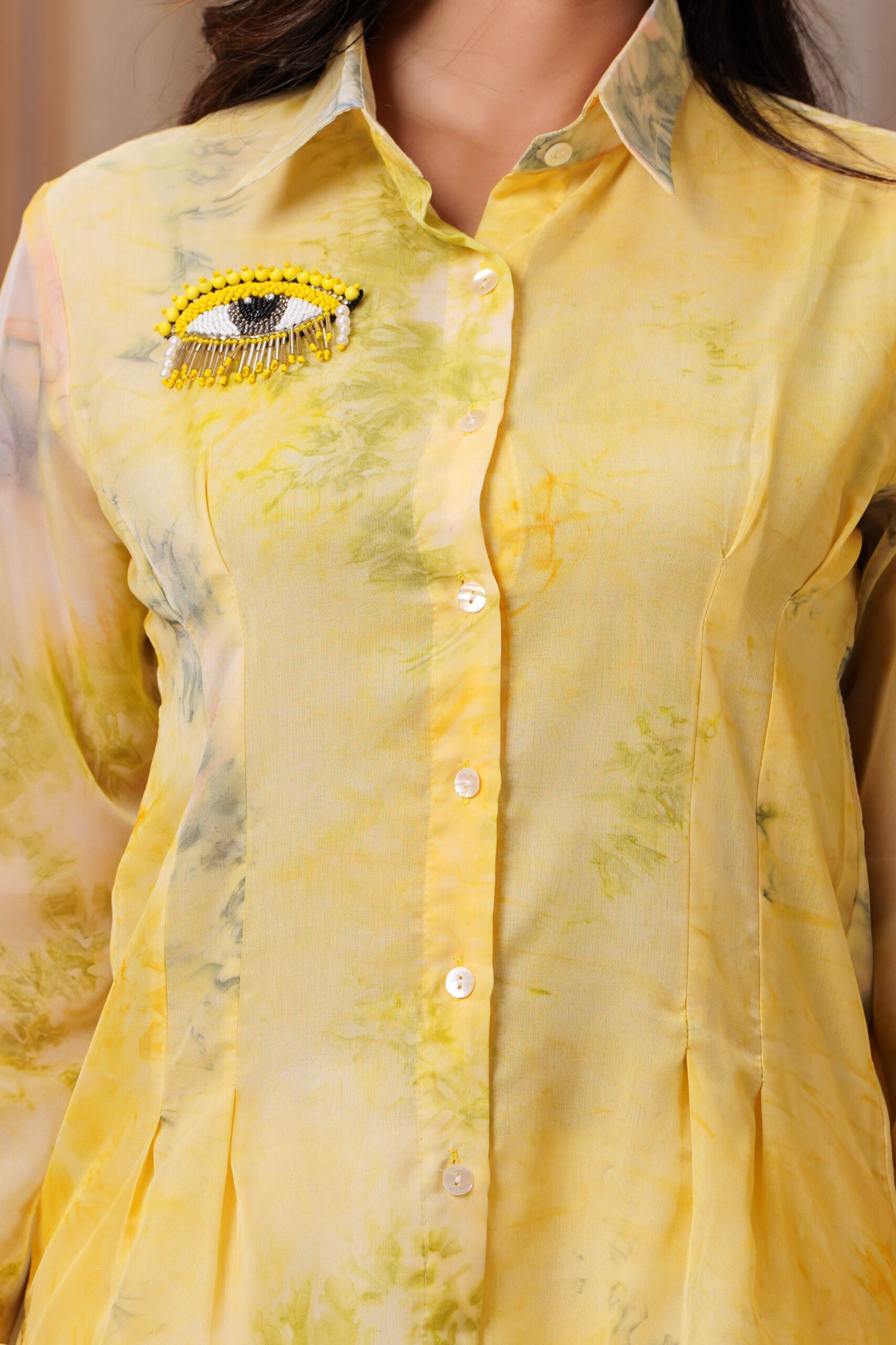Yellow Organza Co-ord Set with Eye Handwork and Full Sleeves - Image 5