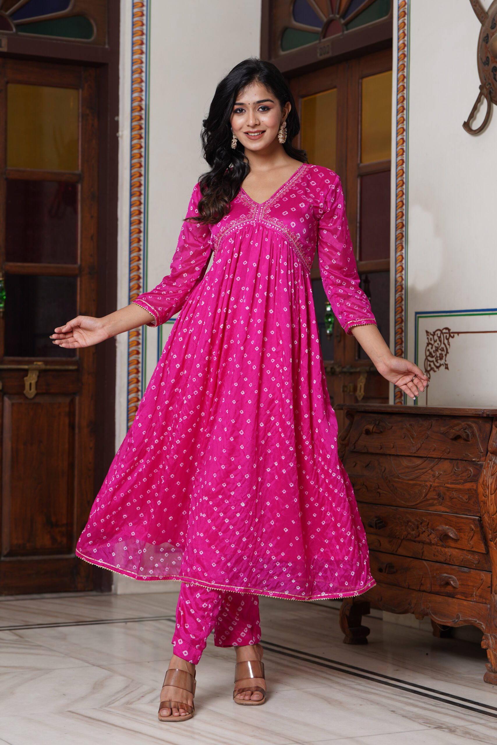 Pink Chinon Silk Party Wear Suit with Zardosi Handwork and Bandhej Details - Image 2