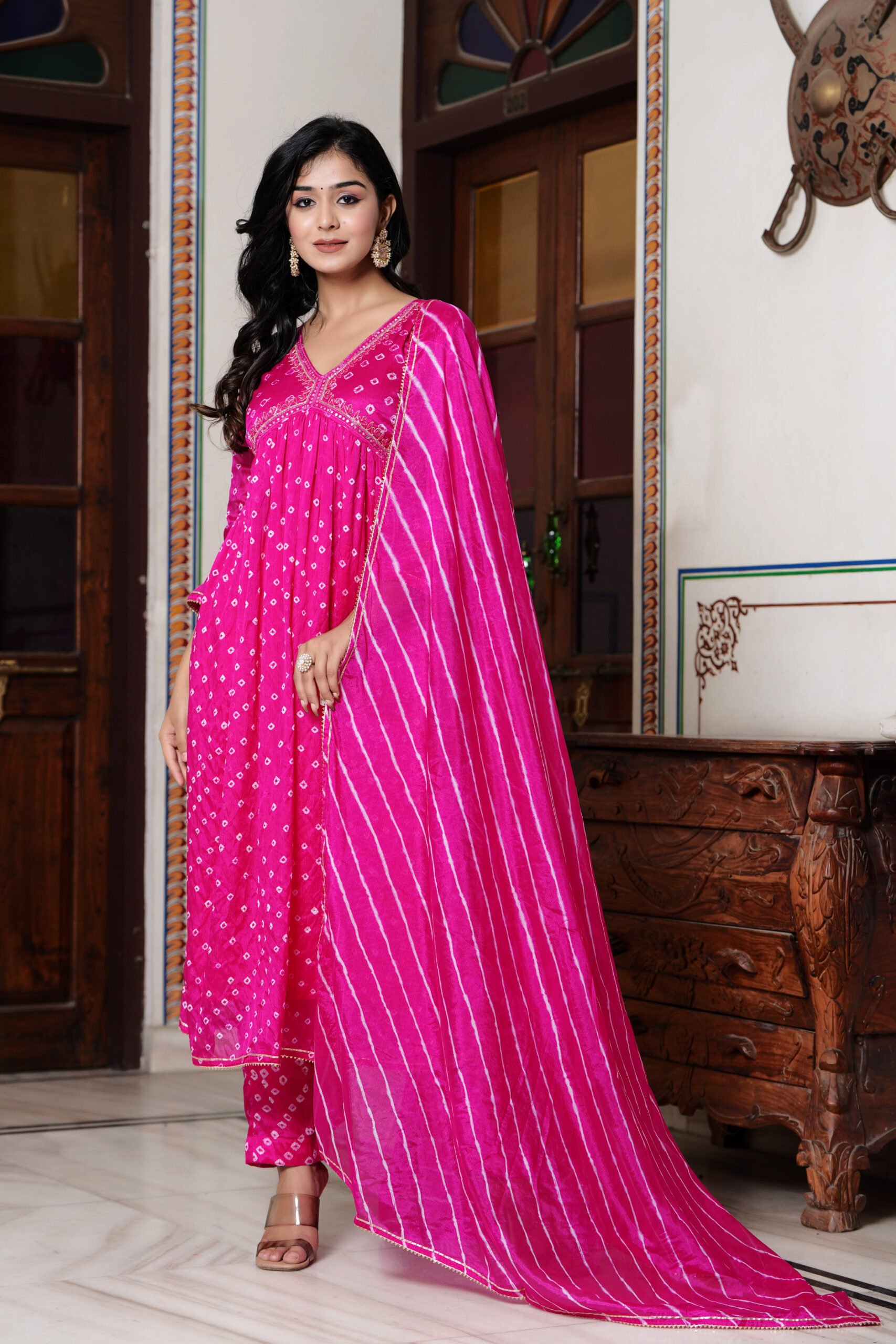 Pink Chinon Silk Party Wear Suit with Zardosi Handwork and Bandhej Details - Image 3