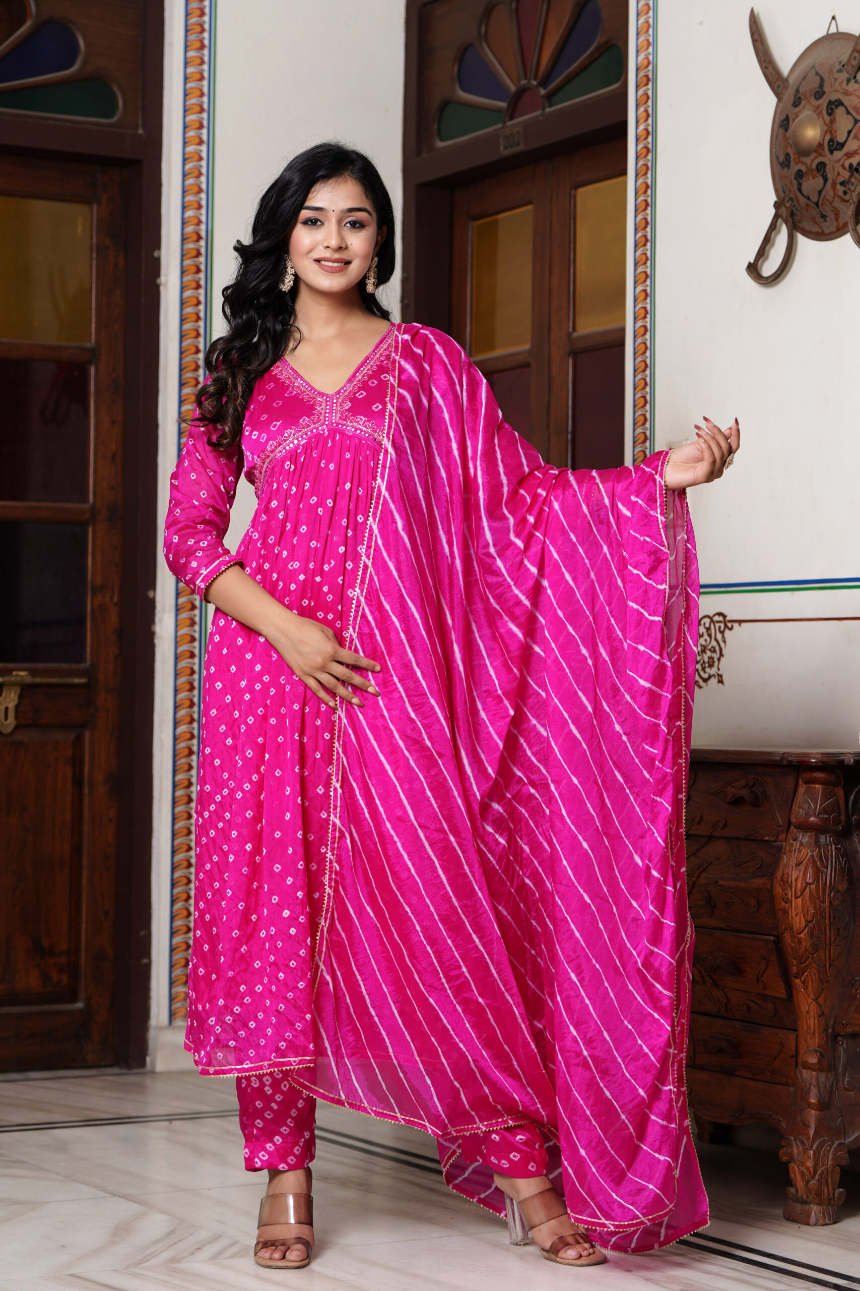 Pink Chinon Silk Party Wear Suit with Zardosi Handwork and Bandhej Details