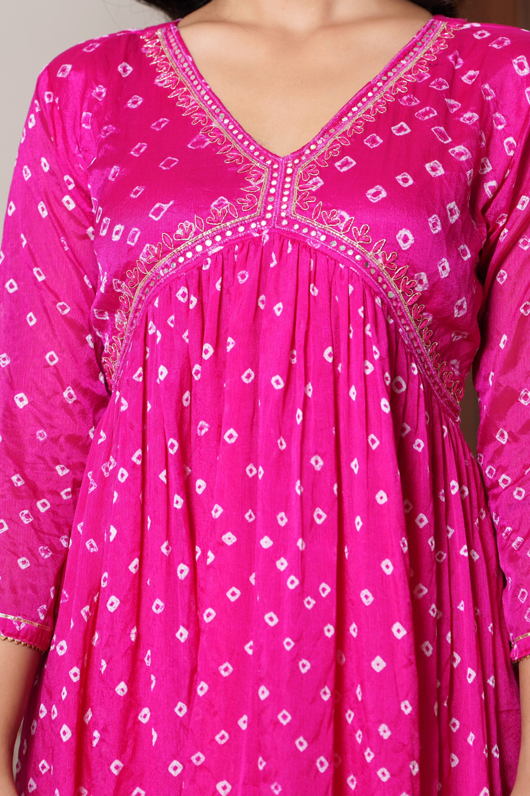 Pink Chinon Silk Party Wear Suit with Zardosi Handwork and Bandhej Details - Image 6