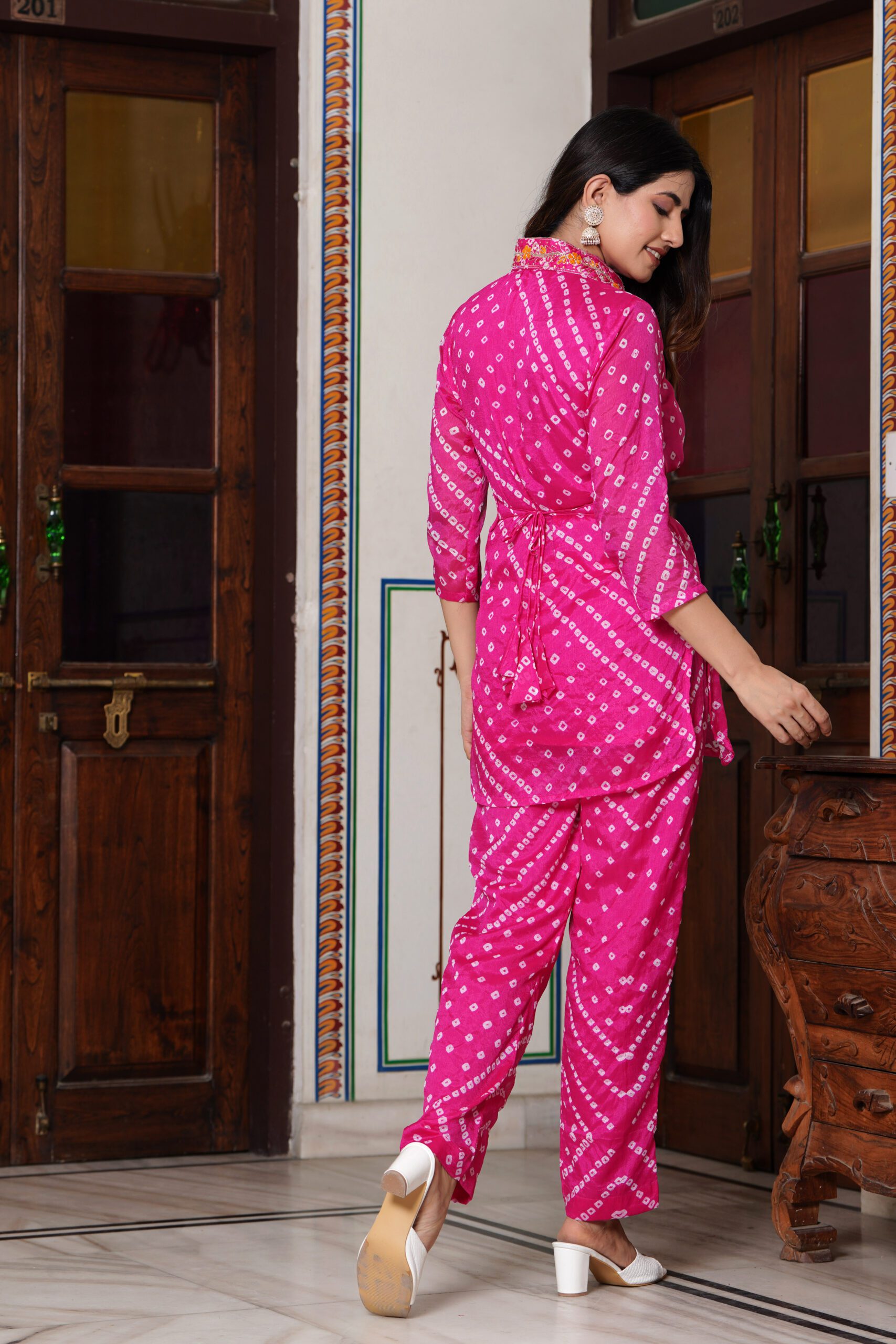 Pink Chinon Silk Co-ord Set with Handwork Neck Tie and Belt - Image 2