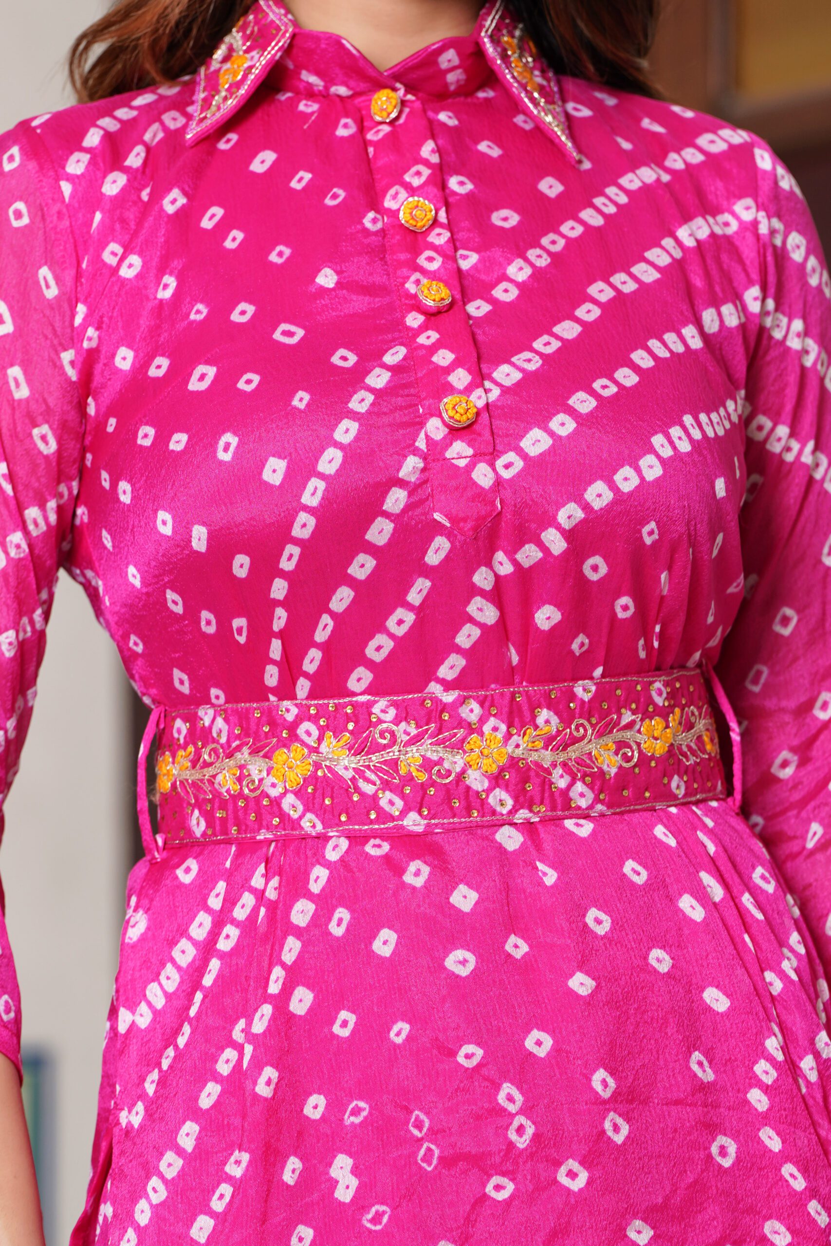 Pink Chinon Silk Co-ord Set with Handwork Neck Tie and Belt - Image 5