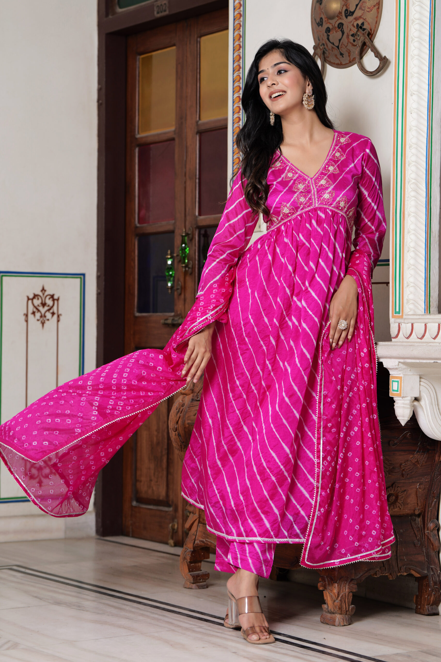 Pink Chinon Silk Party Wear Suit with Zardosi Handwork and Lehriya Details - Image 2
