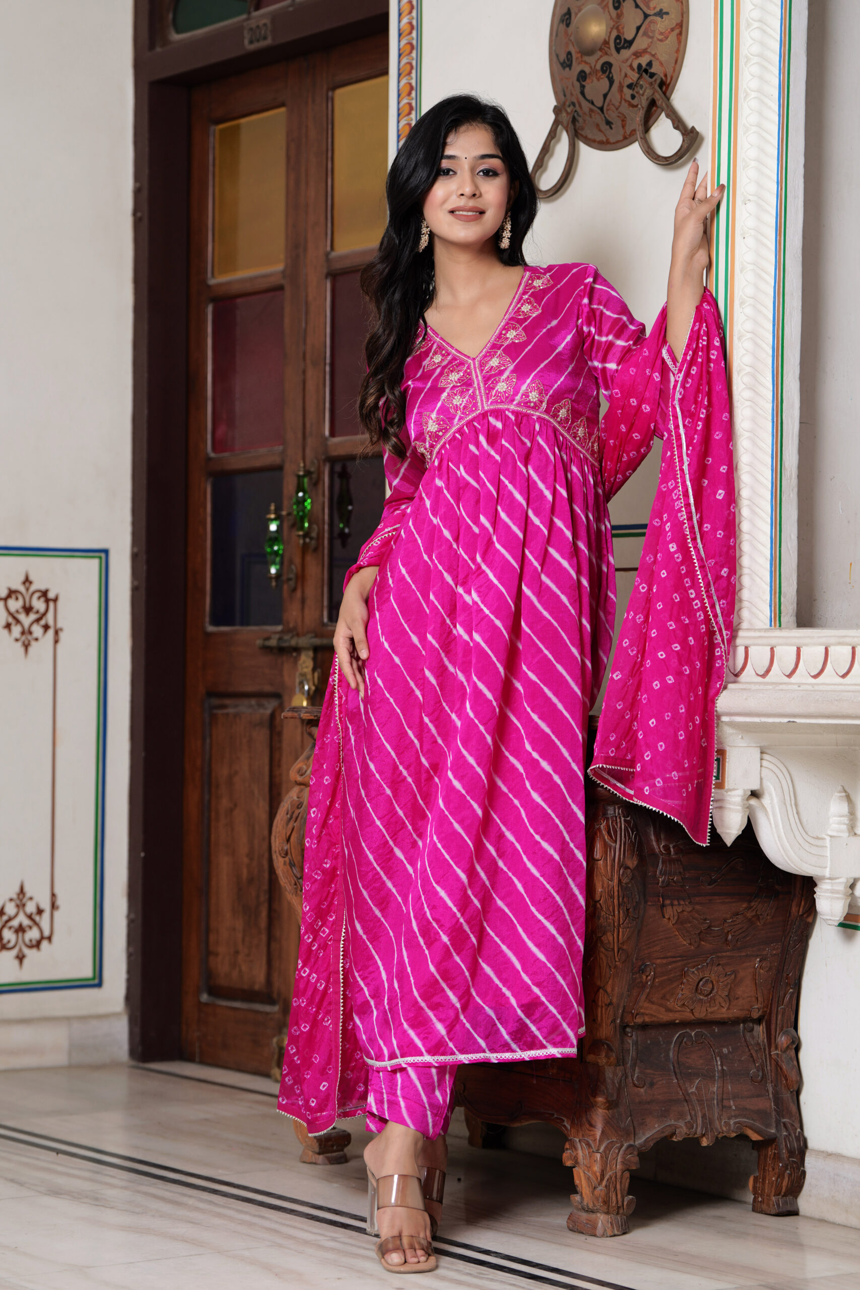 Pink Chinon Silk Party Wear Suit with Zardosi Handwork and Lehriya Details