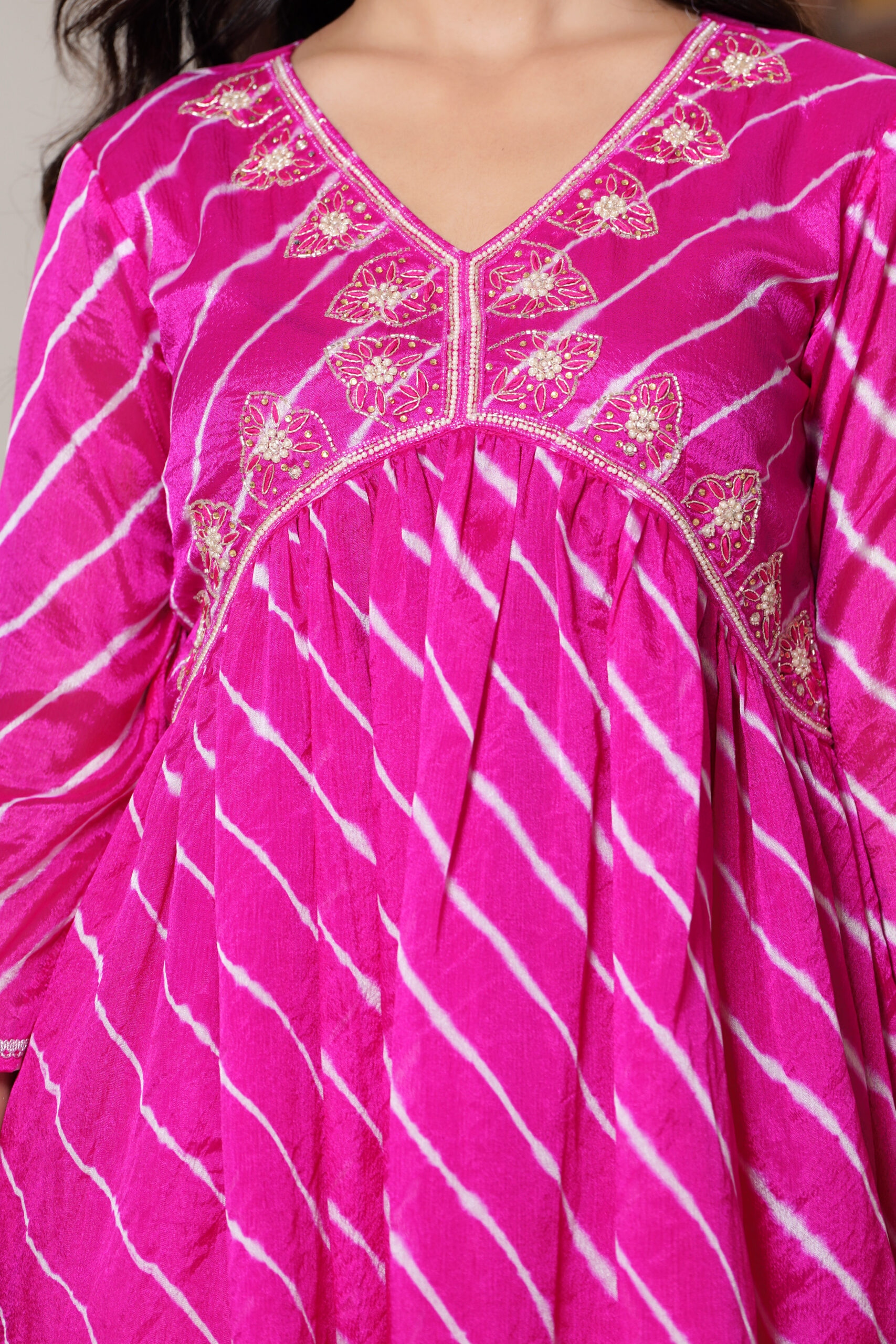 Pink Chinon Silk Party Wear Suit with Zardosi Handwork and Lehriya Details - Image 4