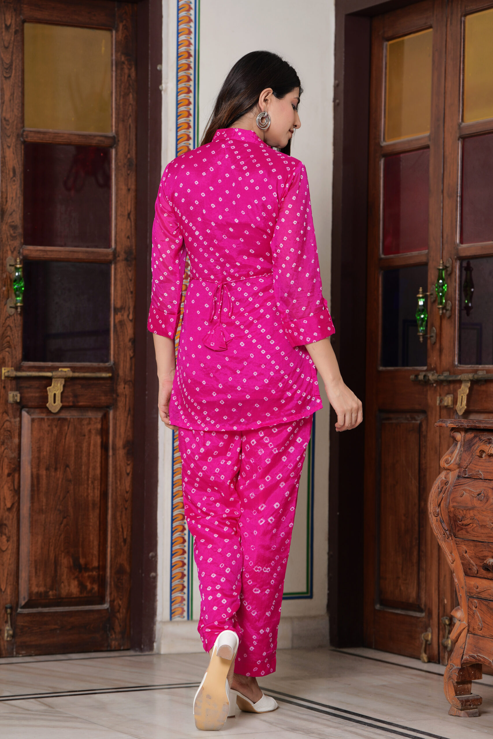 Pink Chinon Silk Co-ord Set with Handwork, Mirror Details, and Belt - Image 5