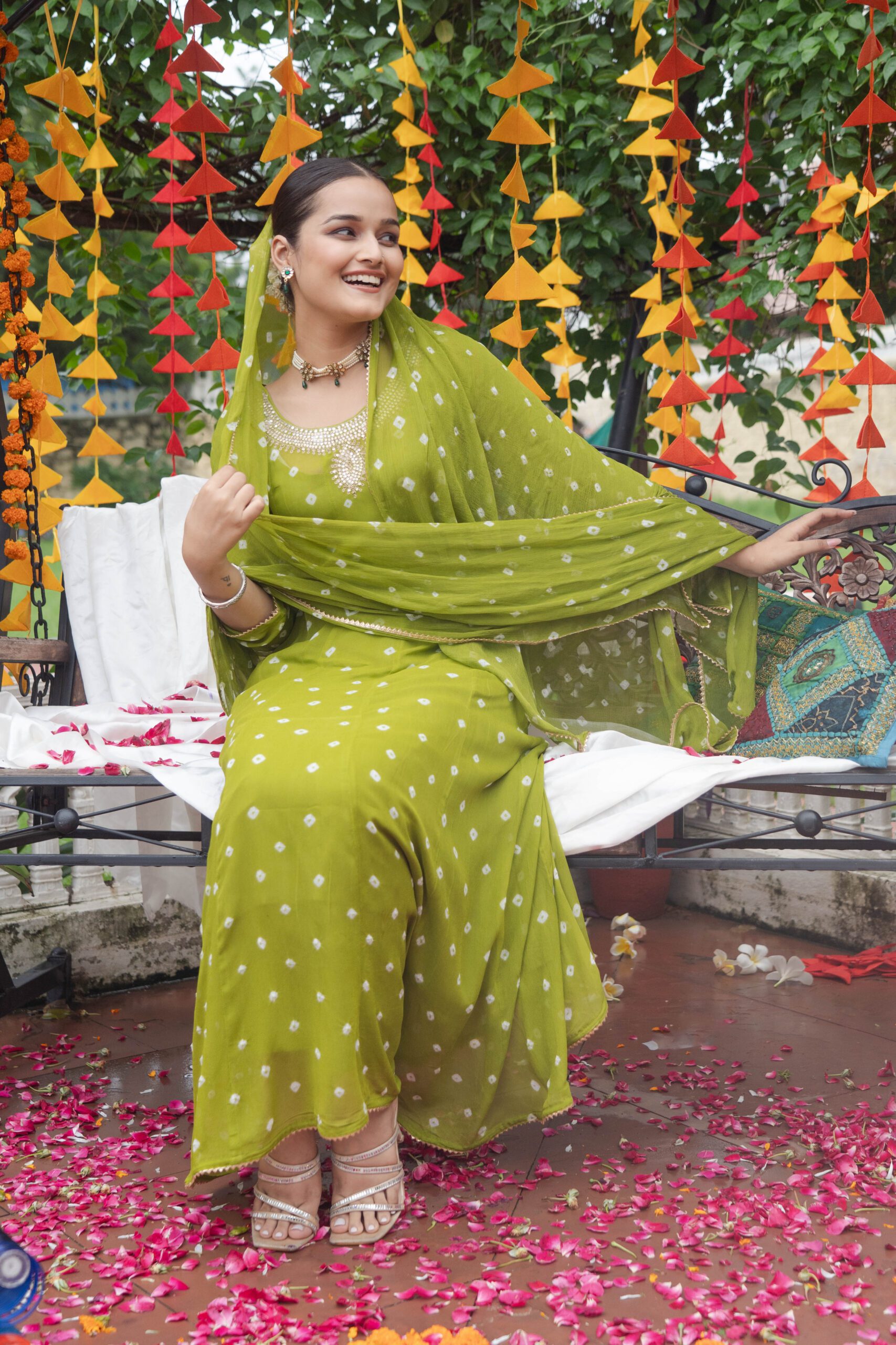 Olive Green Georgette Anarkali Party Wear Suit with Handwork & Bandhej Details - Image 2