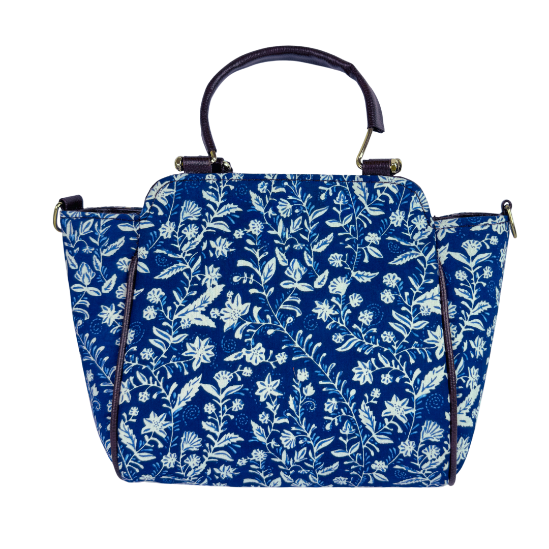 LABEL BANDHANI-418 HANDBLOCK PRINT FLORAL BLUE HANDBAG