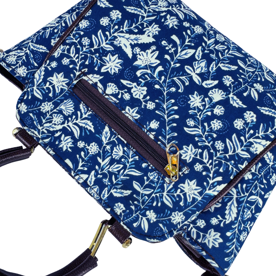 LABEL BANDHANI-418 HANDBLOCK PRINT FLORAL BLUE HANDBAG - Image 4