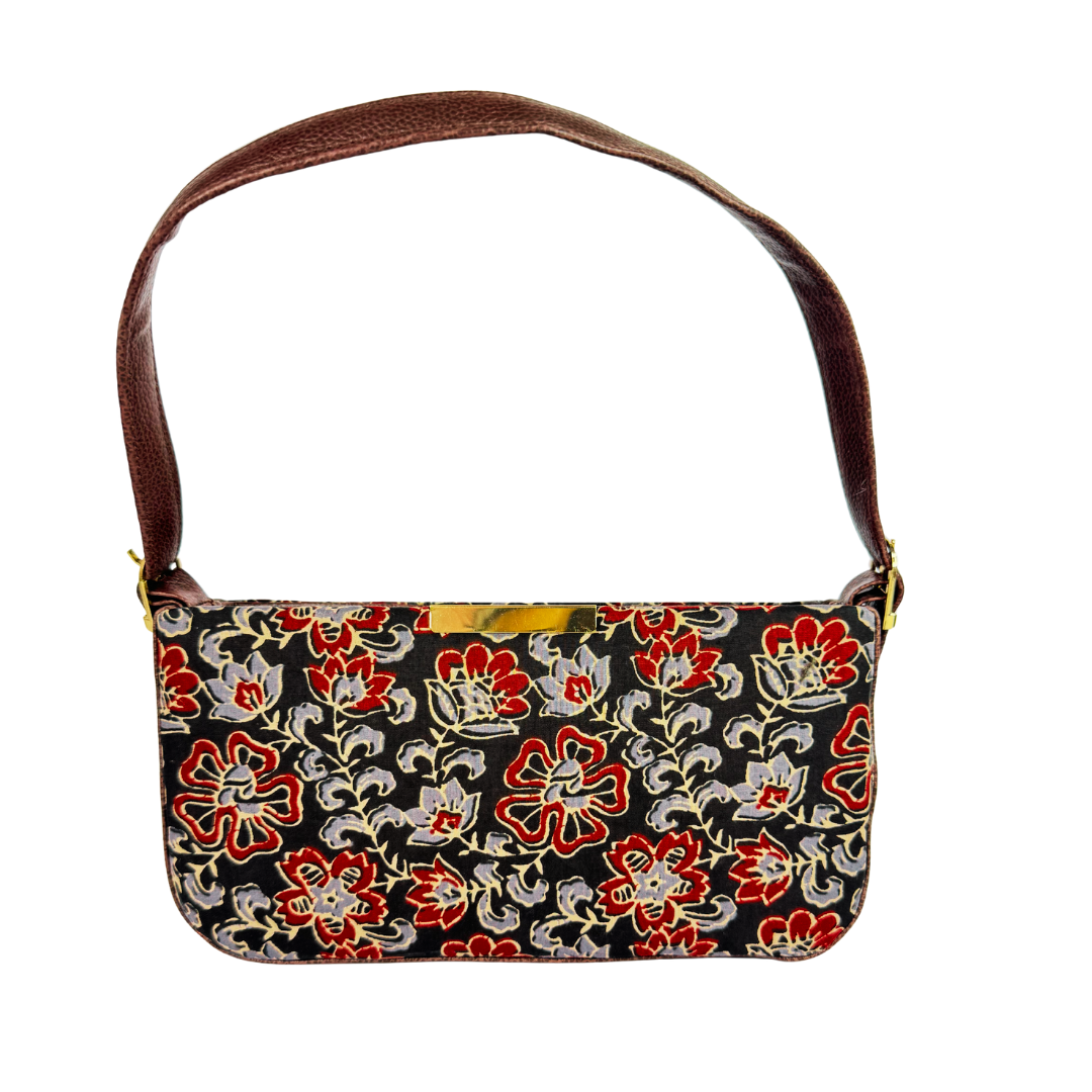 LABEL BANDHANI-2121 HANDBLOCK PRINTING FLORAL BLACK MINI SHOULDER BAG